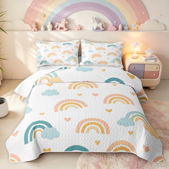 Manfei Cute Cloud Rainbow Twin Quilt Set, Cartoon Love Heart Twin Coverlet Set, White, 2-Piece, 1 Bedspread and 1 Pillowcase