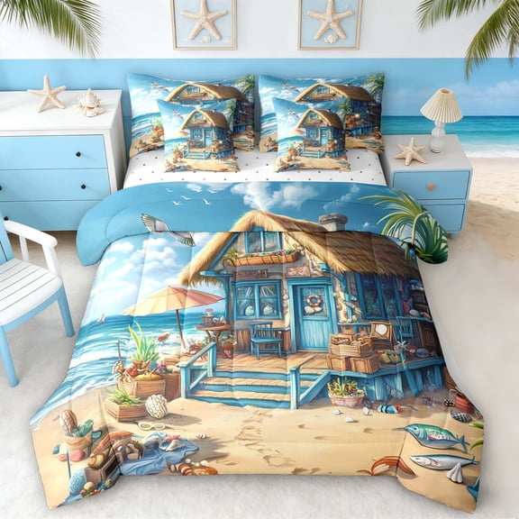 Manfei Cute Coastal Beach Hut Twin Bedding Sets for Kids Boys and Girls, Nautical Vacation Print Bedding Comforter Set, Reversible 7 Pieces