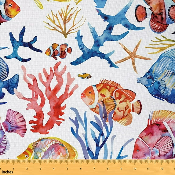 Manfei Cute Colorful Fish Fabric by the Yard (10 Yards), Watercolor Coral Decorative Fabric by the Yard, Sea Ocean Animal Sewing & Crafting Fabric