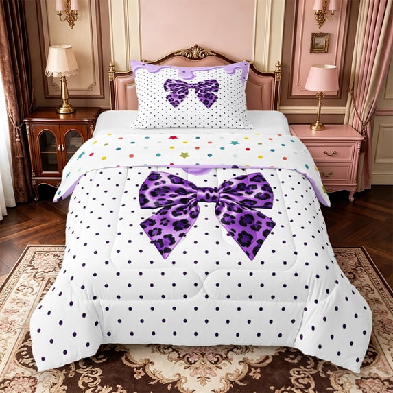 Manfei Cute Coquette Bow Twin Comforter Sets,Purple Leopard Pattern Bowknot Bedding Set,Polkadot Reversible,2-Piece,1 Comforter and 1 Pillowcase
