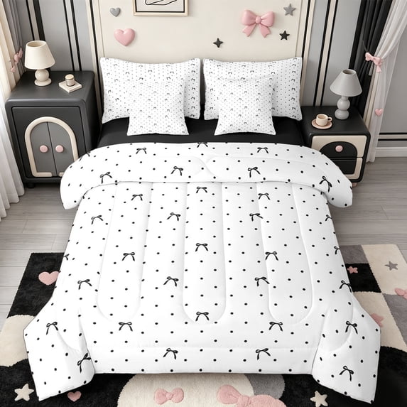 Manfei Cute Coquette Bowknot 7-Piece Twin Bedding,Black Coquette Bowtie Bedding Comforter Set,Black Reversible