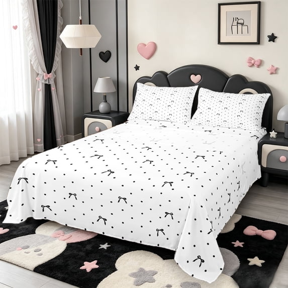 Manfei Cute Coquette Bowknot Queen Sheets,Black Coquette Bowtie Queen Sheet Sets,4-Piece,1 Flat Sheet,1 Fitted Sheet and 2 Pillowcases