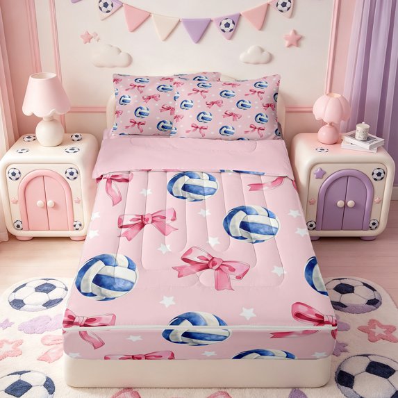 Manfei Cute Coquette Bowknot Zipper Full Size Comforter Sets with Fitted Sheet and 2 Pillowcases,Modern Volleyball Zipper Bedding Set,Pink Reversible,4 Pieces