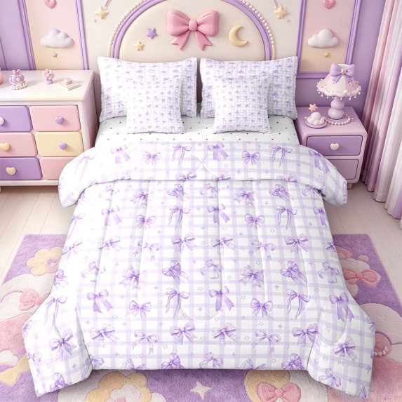 Manfei Cute Coquette Bowtie 7-Piece Twin Bedding,Dreamy Princess Bows Bedding Comforter Set,Reversible