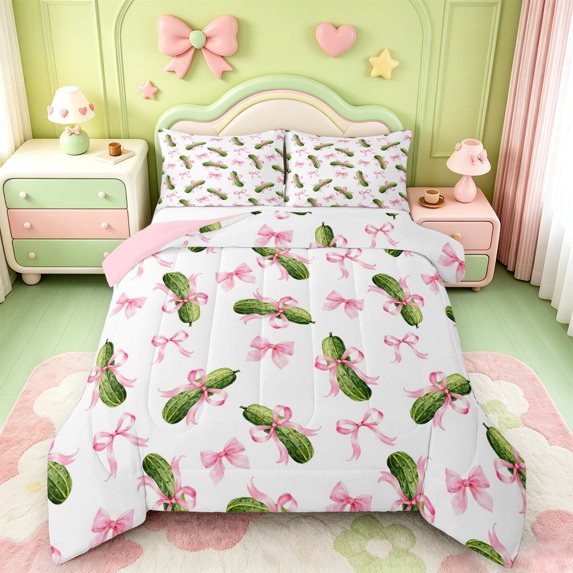Manfei Cute Coquette Bowtie Full Size Comforter Sets,Vegetable Cucumber Bedding Comforter Set,Pink Reversible,3pcs,1 Comforter and 2 Pillowcases