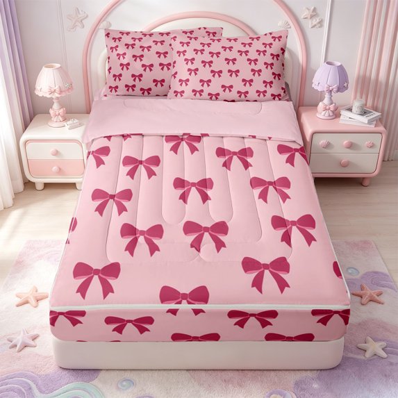 Manfei Cute Coquette Bowtie Zipper Full Size Comforter Sets with Fitted Sheet and 2 Pillowcases,Kawaii Bow Zipper Bedding Set,Pink Reversible,4 Pieces