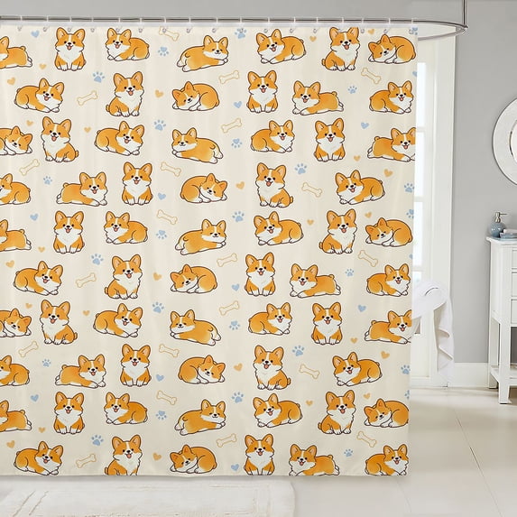 Manfei Cute Corgi Shower Curtain 72Wx84L, Cartoon Kawaii Dog Bathroom Shower Curtain, Cream