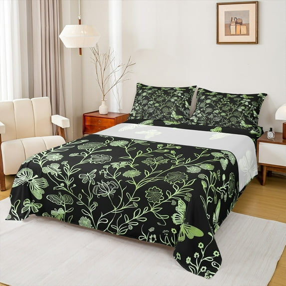 Manfei Cute Country Floral Full Size Sheets,Natural Botanical Bed Sheets,Green Butterfly Flowers Sheet Sets For Girl Boys,Ultra Soft Home Decor,4-Piece