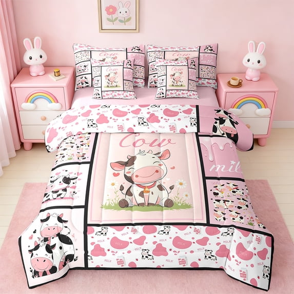 Manfei Cute Cow Bedding Sets Twin Size,Farmhouse Farm Animal Comforter Sets with Sheets,Pink Patchwork Plaid Bed in a Bag Twin Size For Girls,Microfiber Bedroom Decor Reversible,7-Piece
