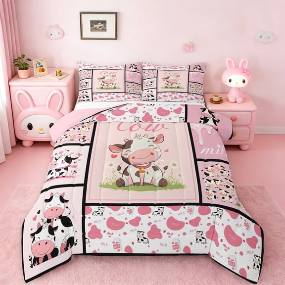 Manfei Cute Cow Bedding Twin Comforter Set,Farmhouse Farm Animal Down Comforter,Pink Patchwork Plaid Bedding Sets Twin with Comforter For Girls,Microfiber Bedroom Decor Reversible,2 Pieces