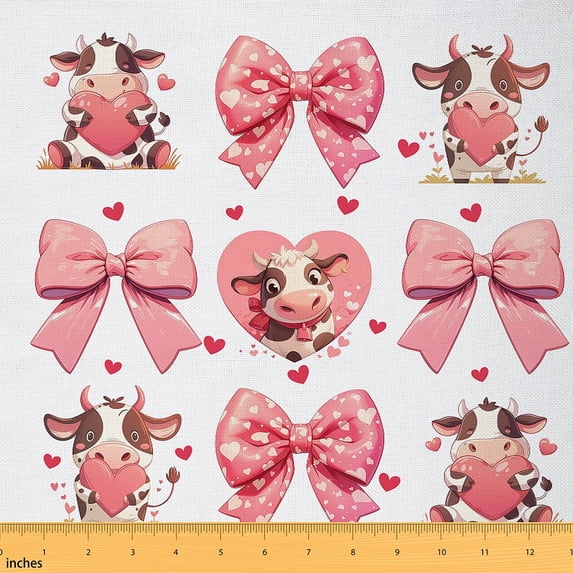 Manfei Cute Cow Fabric by the Yard (1 Yard), Pink Bow Tie Decorative Fabric by the Yard, Kawaii Farm Animal Sewing & Crafting Fabric, Luxurious Living Room Decoration