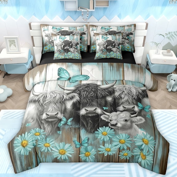 Manfei Cute Cow Family Bedding Comforter Set 7pcs for Teen, Rustic Farmhouse Groovy Queen Bedding Sets, Western Farm Animal Reversible Queen Sheet Sets, Ultra Soft Bedroom Decor