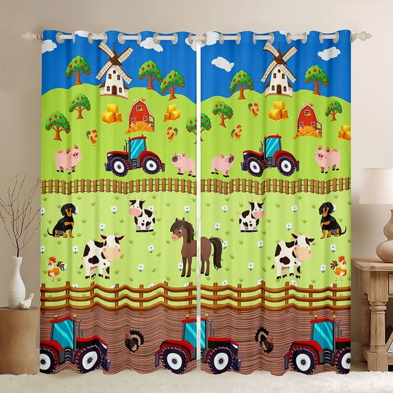 Manfei Cute Cow Kitchen Curtains,Farm Life Pattern Black Out Curtains Pack of 2 (42x63 Each),Green