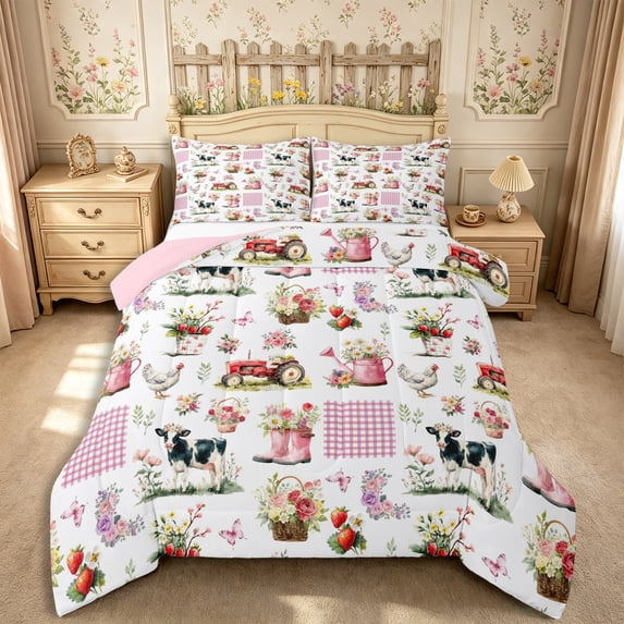 Manfei Cute Cow Rooster Queen Comforter Set 3 Pieces,Kawaii Farm Flowers Comforter Sets Queen,White Pink Black,1 Comforter and 2 Pillowcases,Reversible