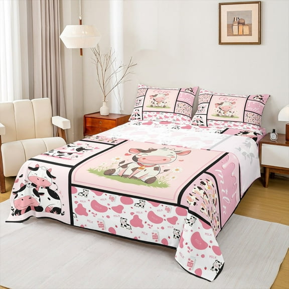 Manfei Cute Cow Sheet Set Twin,Farmhouse Farm Animal Bedding Sets Twin Size,Pink Patchwork Plaid Twin Sheet Sets For Girls,Microfiber Bedroom Decor,3-Piece