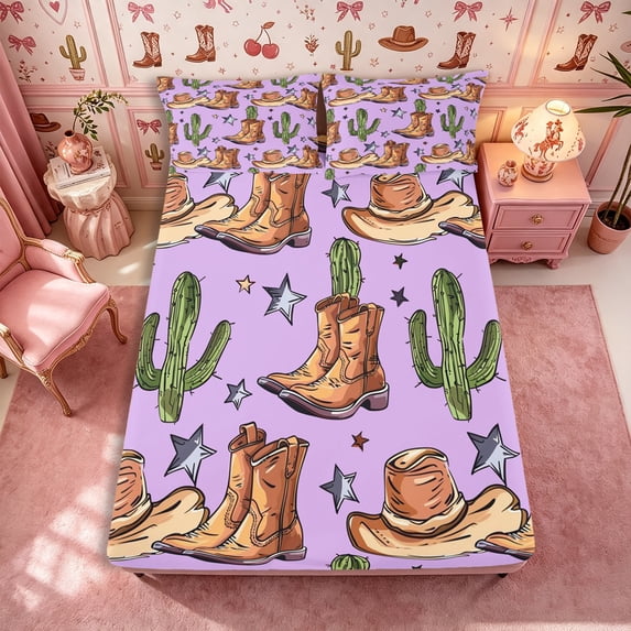Manfei Cute Cowboy Boots Hats Fitted Sheet Queen 3-Piece,Western Cactus Bedding,Lavender Brown,1 Fitted Sheet and 2 Pillowcases