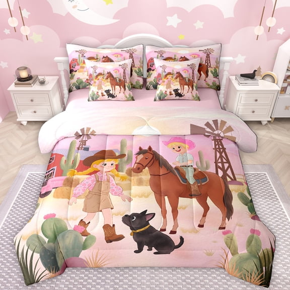Manfei Cute Cowboy Cowgirl 7-Piece Bedding Comforter Set,Rustic Western Farmhouse King Bedding Sets,Tropical Botanical Cactus Bed Sheets For Boys Girls,Luxury Bedroom Decor Reversible
