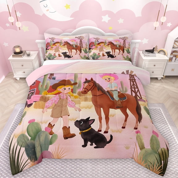 Manfei Cute Cowboy Cowgirl Bedding Comforter Set,Rustic Western Farmhouse Twin Comforter Sets,Tropical Botanical Cactus Bedding Set For Boys Girls,Luxury Bedroom Decor Reversible,2 Pieces