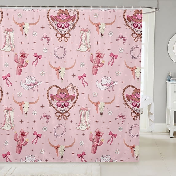 Manfei Cute Cowgirl Skull Shower Curtain 72Wx72L,Western Ribbon Bow Bathroom Curtain,Light Pink