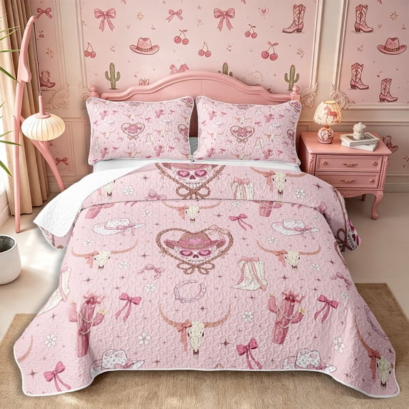 Manfei Cute Cowgirl Skull Twin Quilt Set 2 Pieces,Western Ribbon Bow Twin Coverlet Set,Light Pink,1 Bedspread and 1 Pillowcase