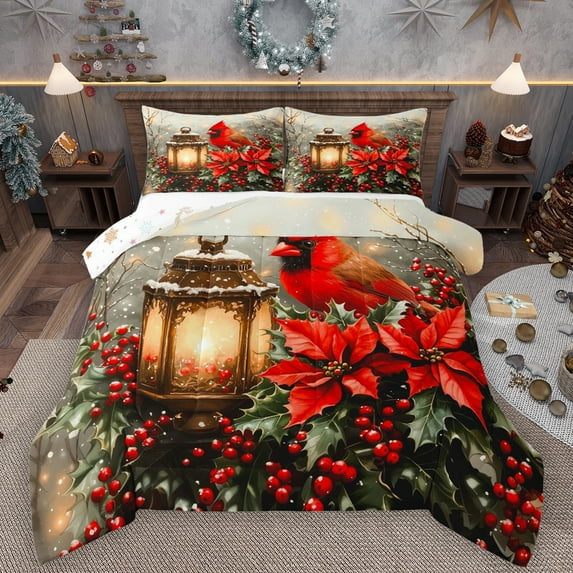 Manfei Cute Cardinals Queen Comforter Set,Happy Christmas Bedding Sets,Red Berry Xmas Floral Bedding Comforter Set For Kids,Luxury Bedroom Decor Reversible,3-Piece