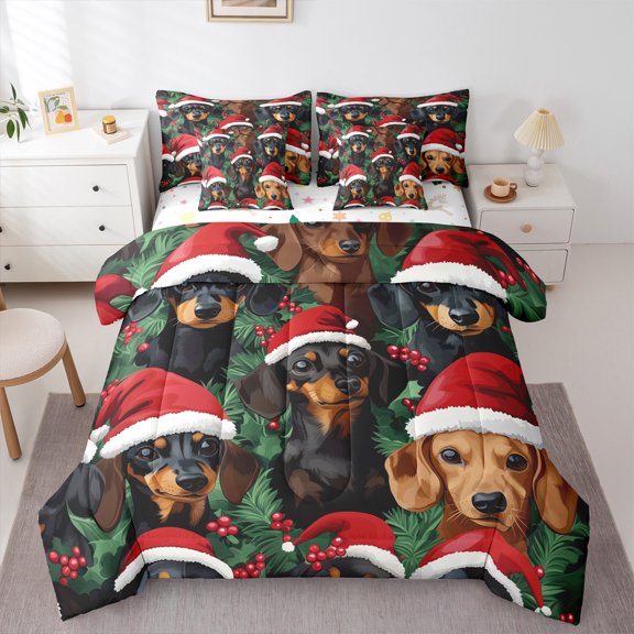Manfei Cute Dachshund 7 Pieces Bedding Comforter Set,Vintage Christmas Hat Full Bedding Set,Red Black Green Fitted Sheet Flat Sheet For Boys Kids,Ultra Soft Home Decor Reversible