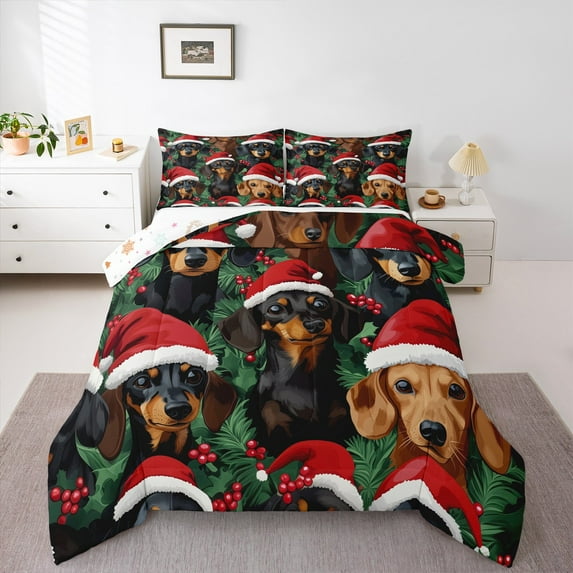 Manfei Cute Dachshund Bedding Comforter Set,Vintage Christmas Hat Twin Comforter Sets,Red Black Green Bedding Set For Boys Kids,Ultra Soft Home Decor Reversible,2 Pieces
