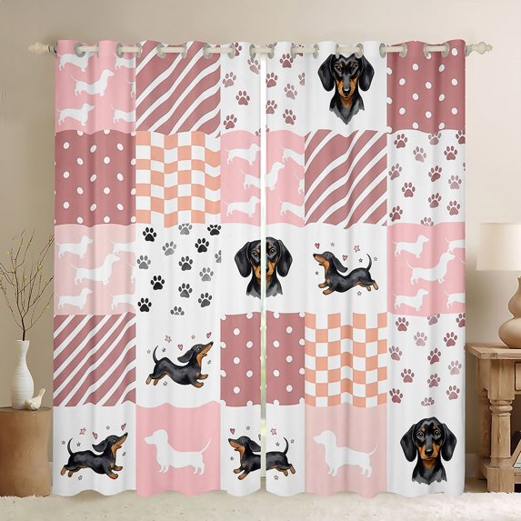 Manfei Cute Dachshund Dog Blackout Curtains, Buffalo Plaid Window Curtains Pack of 2 (38x45 Each), Pink White