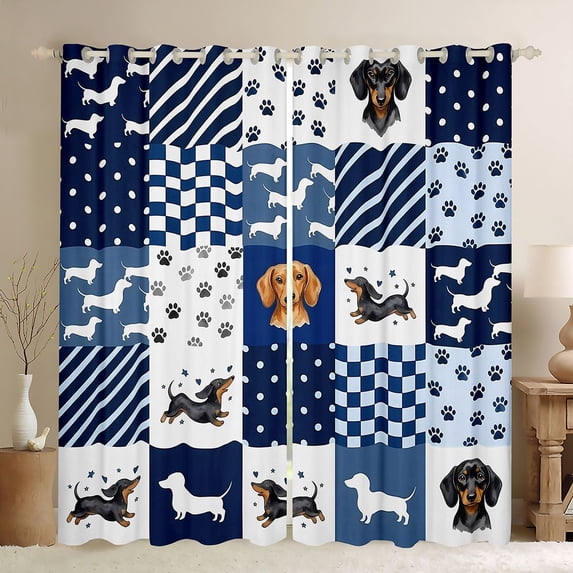 Manfei Cute Dachshund Dog Blackout Curtains, Dog Paw Print Window Curtains Pack of 2 (38x45 Each), Navy White