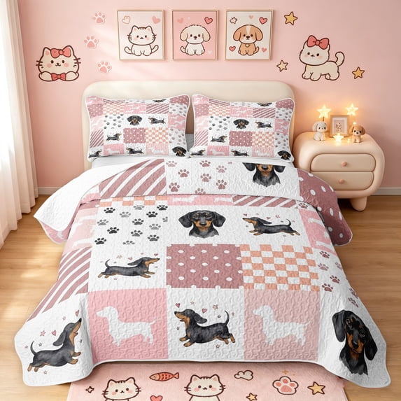 Manfei Cute Dachshund Dog Twin Quilt Set, Buffalo Plaid Twin Coverlet Set, Pink White, 2 Pieces, 1 Bedspread and 1 Pillowcase