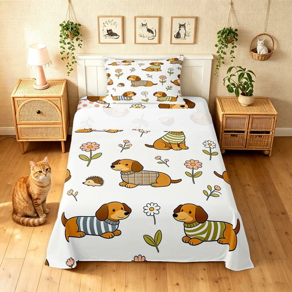 Manfei Cute Dachshund Dog Twin Sheets, Spring Groovy Bedding, Off White, 3 Pieces, 1 Flat Sheet, 1 Fitted Sheet and 1 Pillowcase