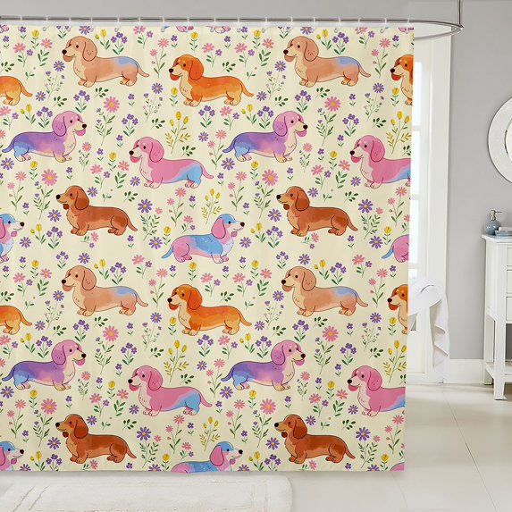 Manfei Cute Dachshund Shower Curtain 72Wx84L, Vibrant Blossom Floral Bathroom Shower Curtain, Cream