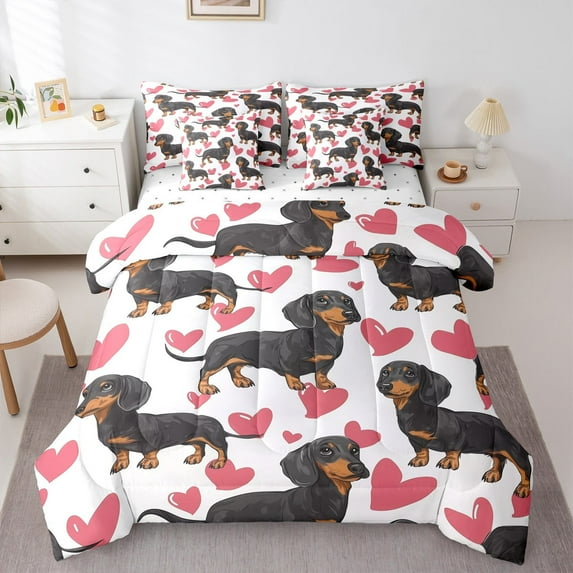 Manfei Cute Dachshund Twin Bedding Sets 7-Piece,Pet Animal Bedding Comforter Set,Pink Hearts Print Sheet Sets For Girls Boys,Breathable Home Decor,Reversible