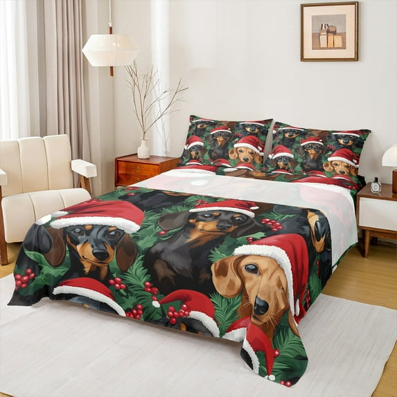 Manfei Cute Dachshund Twin Sheet Sets,Vintage Christmas Hat Twin Fitted Sheet,Red Black Green Flat Sheet For Boys Kids,Ultra Soft Home Decor,3 Pieces