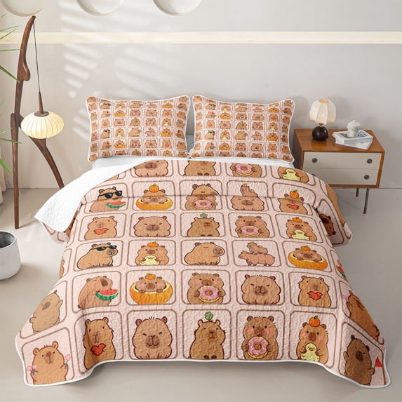 Manfei Cute Daily Capybara Print Quilt Full,Cartoon Animals Full Bedspread Sets,Brown,3pcs
