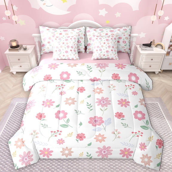 Manfei Cute Daisy 7-Piece Bedding Comforter Set,Kawaii Flower King Bedding Sets,Pink Floral Blossom Bed Sheets For Gitls Teens,Breathable Home Decor Reversible