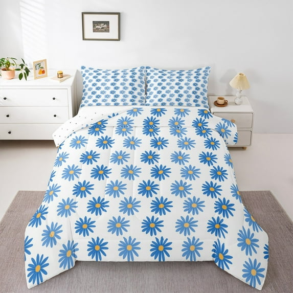 Manfei Cute Daisy Floral King Size Comforter Sets,Cartoon Natural Flower Bedding Comforter Set,Blue White Bedding Set For Children,Super Cozy Room Decor Reversible,3-Piece