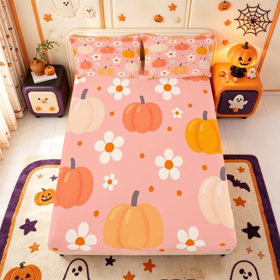 Manfei Cute Daisy Pumpkin Print Fitted Sheet Queen,Thanksgiving Theme Bedding,3pcs,1 Fitted Sheet and 2 Pillowcases