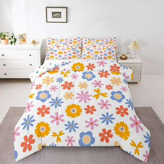 Manfei Cute Daisy Queen Comforter Set,Cartoon Floral Bedding Sets,Colorful Bedding Comforter Set For Girl,Microfiber Room Decorative Reversible,3 Pieces
