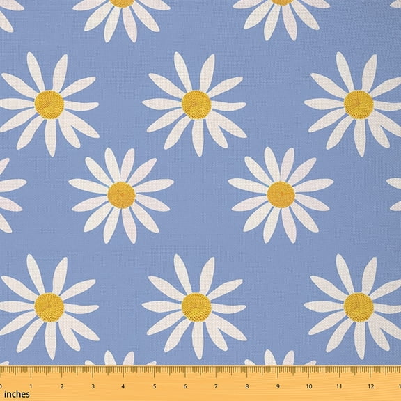 Manfei Cute Daisy Sewing & Crafting Fabric (1 Yard), White Floral Flower Home Decor Fabric by the Yard for Girls, Blue DIY Fabric