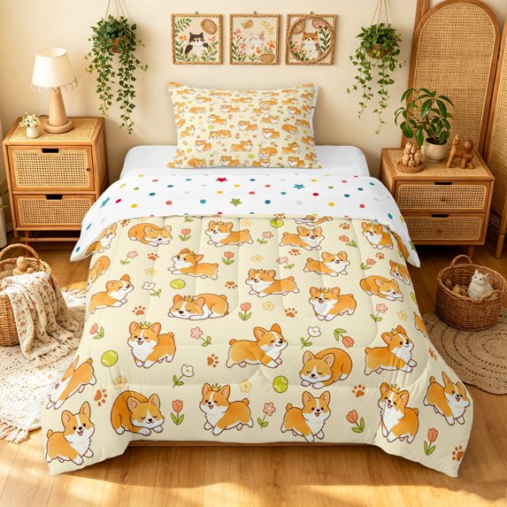Manfei Cute Dalmatian Corgi Twin Comforter Sets, Spring Tulip Flower Bedding Set, Cream, Polkadot Reversible, 2-Piece, 1 Comforter and 1 Pillowcase