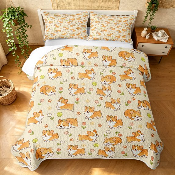 Manfei Cute Dalmatian Corgi Twin Quilt Set, Spring Tulip Flower Twin Coverlet Set, Cream, 2-Piece, 1 Bedspread and 1 Pillowcase