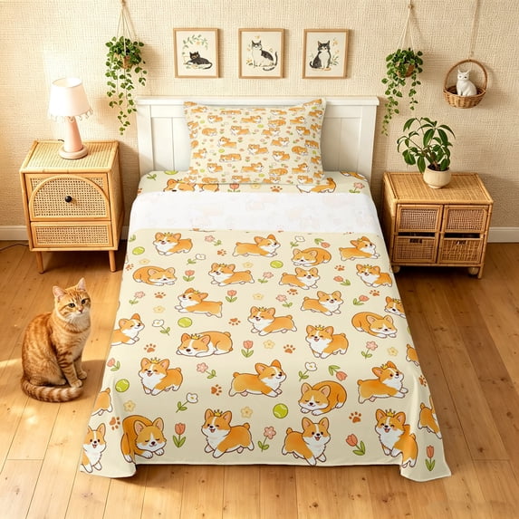 Manfei Cute Dalmatian Corgi Twin Sheets, Spring Tulip Flower Bedding, Cream, 3-Piece, 1 Flat Sheet, 1 Fitted Sheet and 1 Pillowcase
