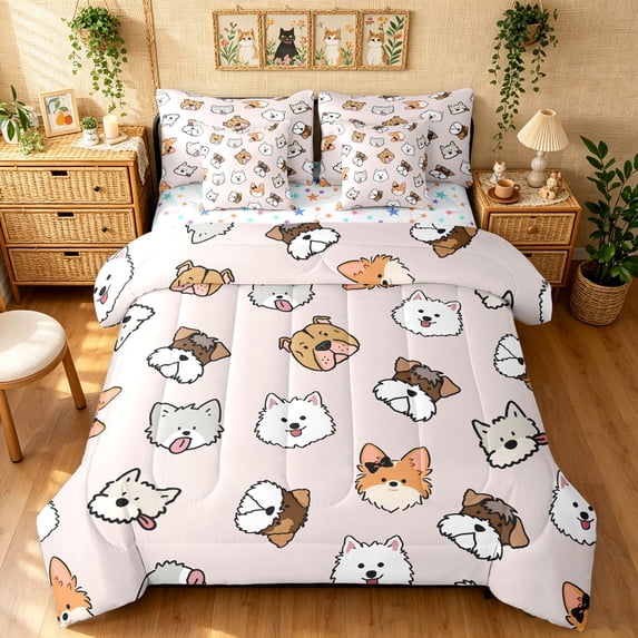 Manfei Cute Dalmatian King Bedding, CartoonPet Animal King Bed in a Bag, Light Pink, Stars Reversible, 7-Piece