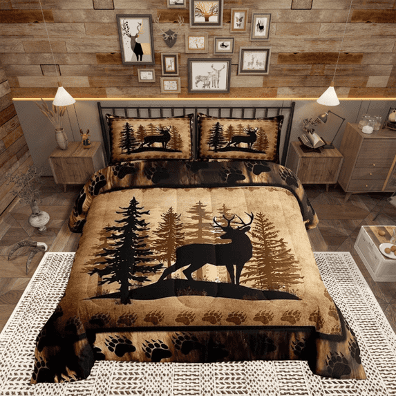 Manfei Cute Deer 2pcs Comforter Set for Girls Boys Kids,Deer Hunting Bedding Set Room Decor,Rustic Bear Paw Print Bedding Set,Cabin Duvet Set Twin Size Quilt