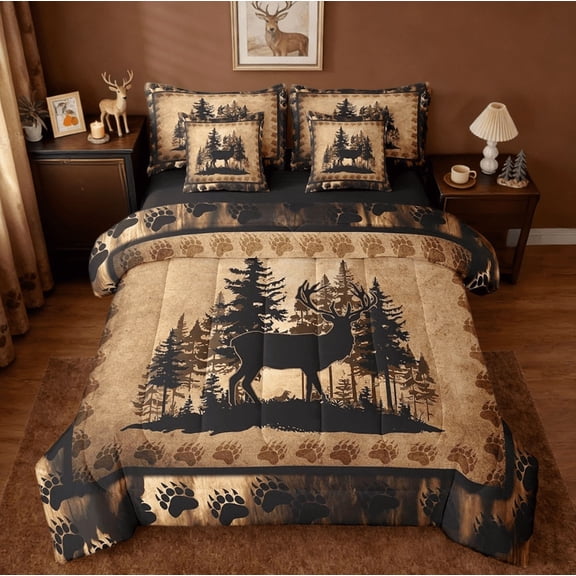 Manfei Cute Deer 7-Piece Bedding Comforter Set For Boys Kids,Deer Hunting Bear Paw Print King Bedding Sets Exotic Style Brown Bed Set Reversible