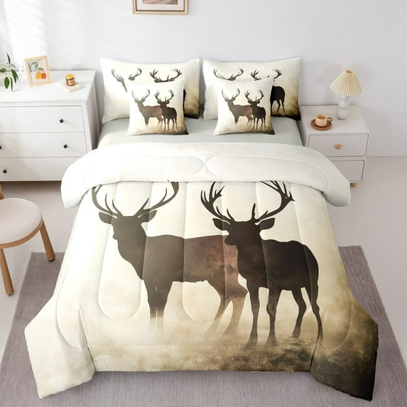 Manfei Cute Deer Bedding Comforter Set 7-Piece,Wild Animal King Bedding Sets,Moose Silhouette Bed Sheets For Child,Breathable Home Decor,Reversible