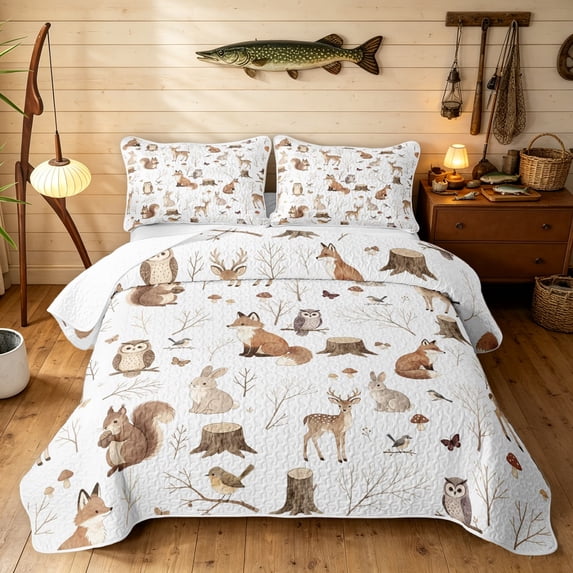 Manfei Cute Deer Fox Quilt King, Fall Branches Plant King Coverlet Set, White Tan, Reversible, 3pcs, 1 Bedspread and 2 Pillowcases