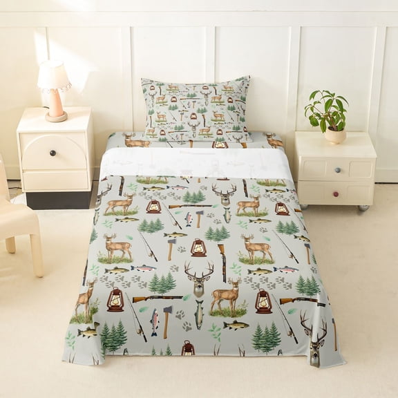 Manfei Cute Deer Pattern Twin Sheets,Cartoon Animal Print Bedding,Green,3 Pieces,1 Fitted Sheet and 1 Pillowcase