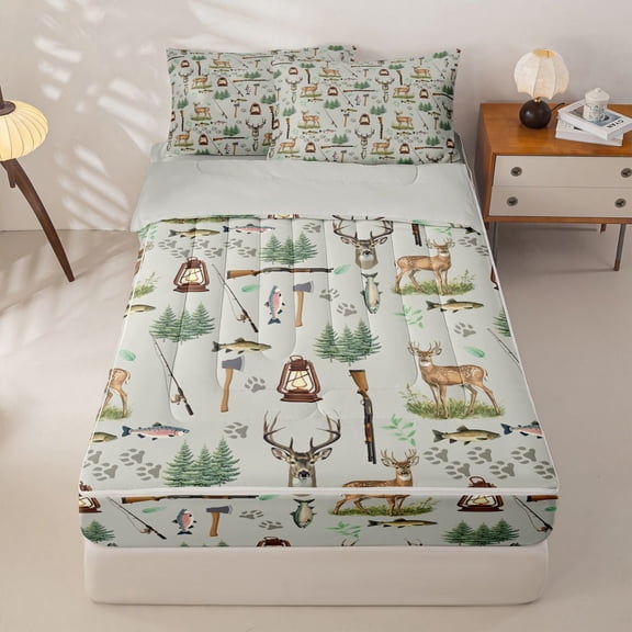 Manfei Cute Deer Pattern Zipper Twin Comforter Sets with Fitted Sheet and 2 Pillowcases,Cartoon Animal Print Zipper Bedding Set,Green,Light Gray Reversible,4pcs